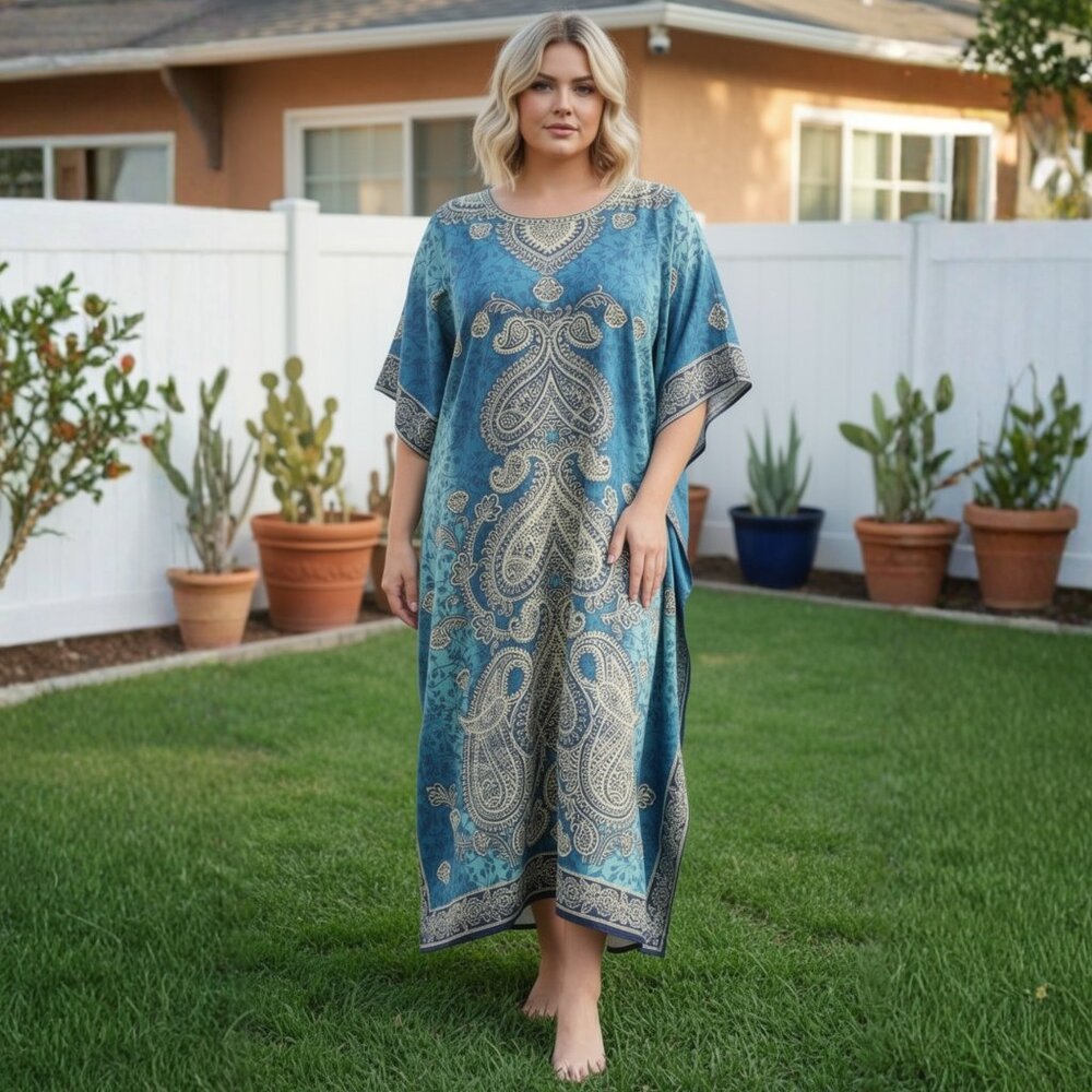 Paisley Printed Teal Polyester Plus Size Kaftan Dress for Women by Gypsie Blu